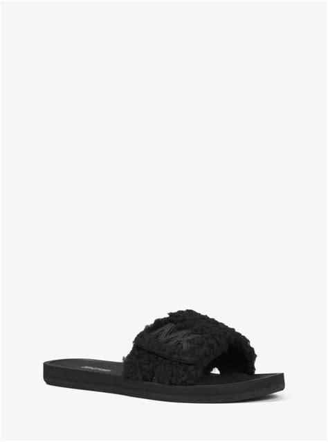 michael kors shearling slides|MK Logo Faux Shearling Slide Sandal .